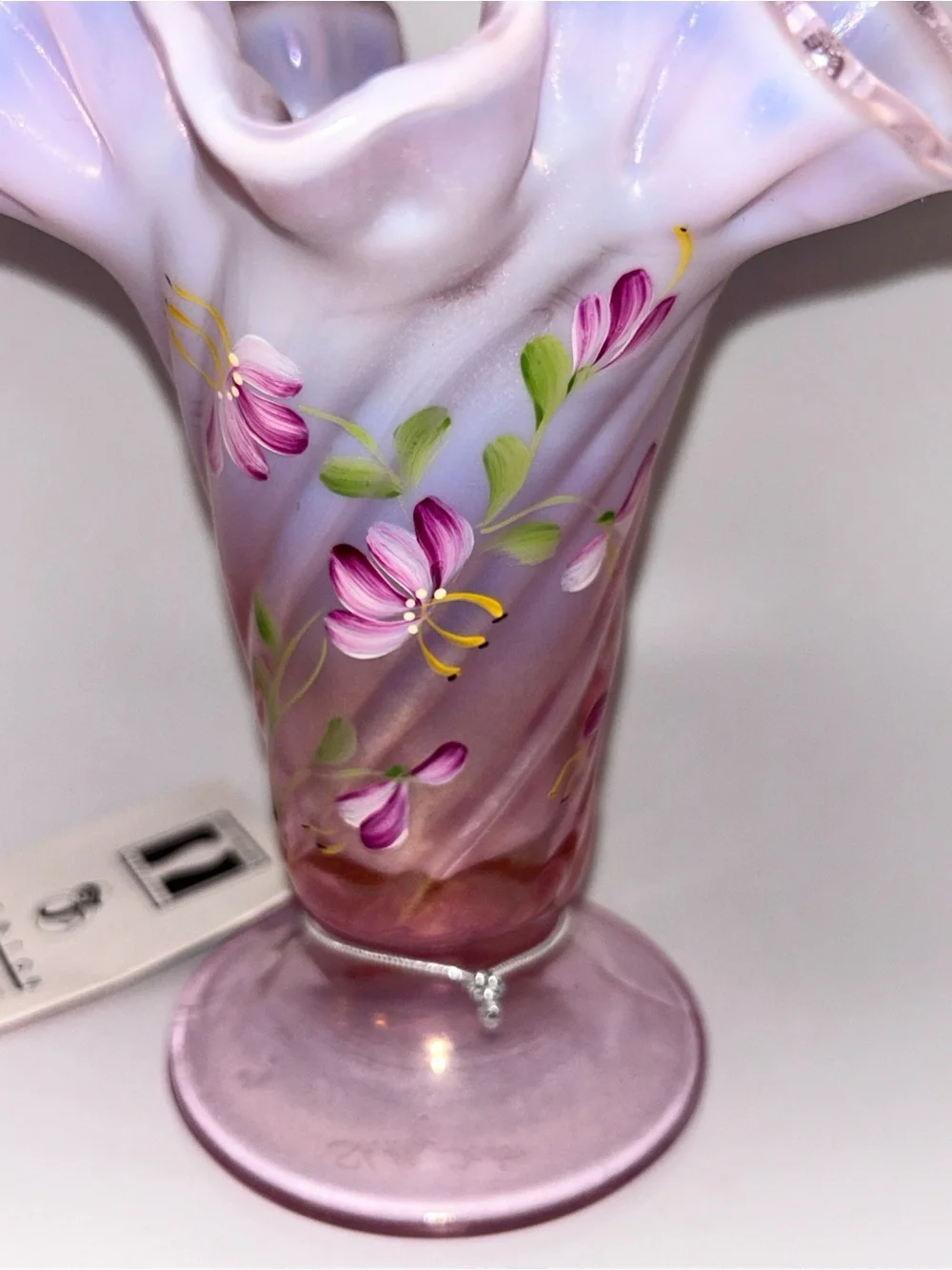 FENTON 100th ANNIVERSARY Rosemilk Floral Painted Art Glass Vase SIGNED